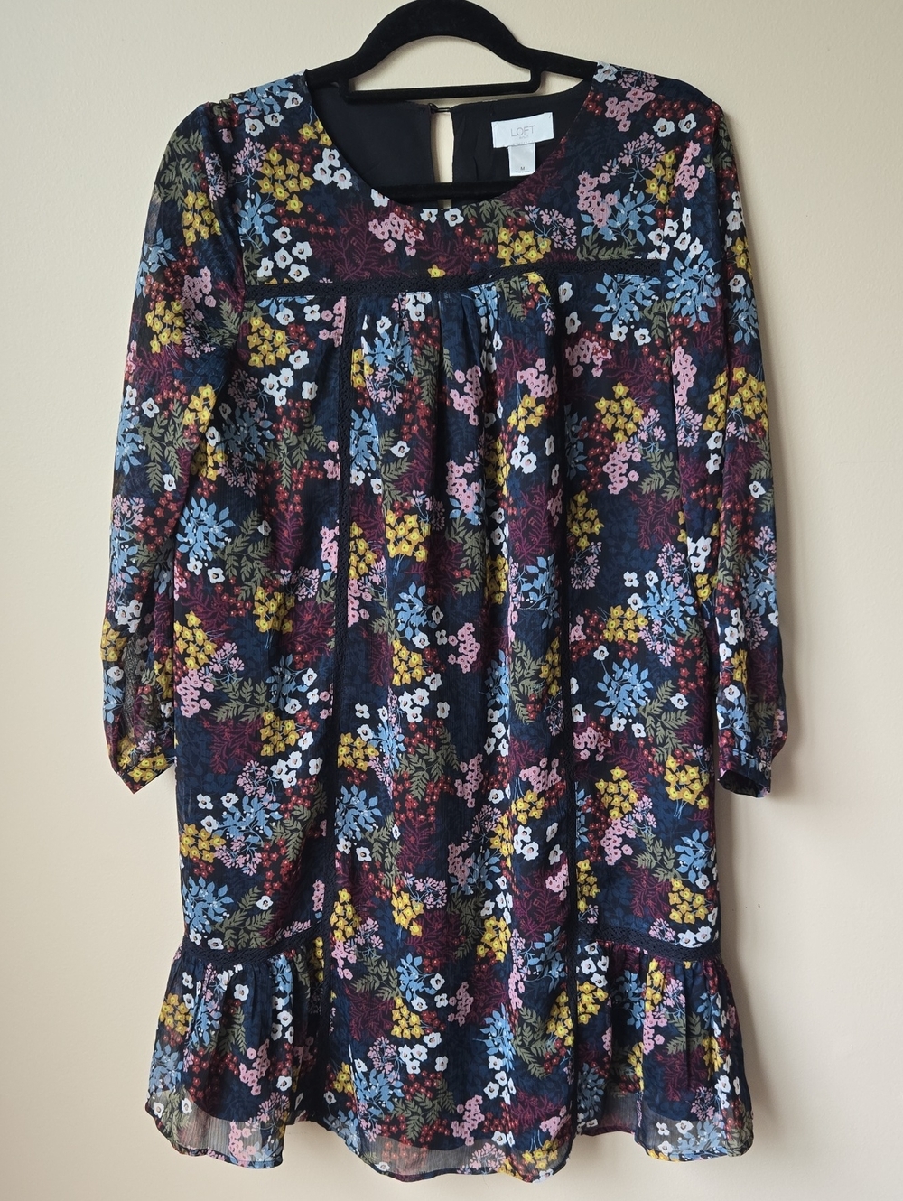 LOFT Navy Floral Ruffle-Hem Long-Sleeve Dress